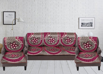 Nendle Damask Design Concept Sofa Set Covers 5 Seater with 80% Cotton & 20% Jute (Pink, Pack of 6)